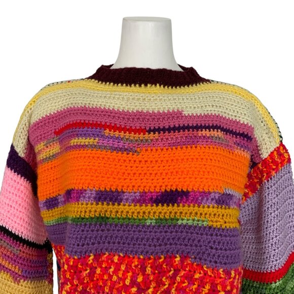 Scrap Yarn Colorful Crochet Sweater Jumper S Balloon Sleeve Crewneck Grandmacore - Picture 6 of 11